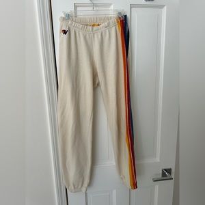 Aviator Nation sweat pants, cream with rainbow stripes, M